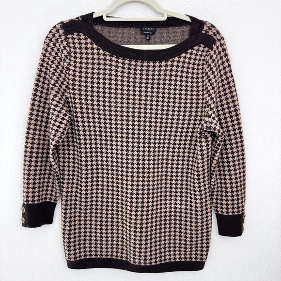 Talbots Womens Pullover Sweater Size M 100% Merino Wool Houndstooth Academia Tan - Picture 1 of 6